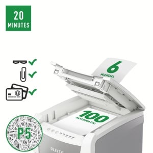Distrugator documente automat Leitz IQ Small Office, P5, micro-cut, 100coli, cos 34l, alb-gri2