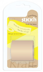 Notes autoadeziv în rolă Stick"n - kraft, cu dispenser, 50 mm x 10 m