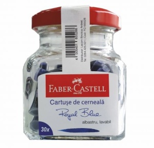 Patroane cerneal Faber Castell, culoare albastru, set 30 în recipient din sticlă