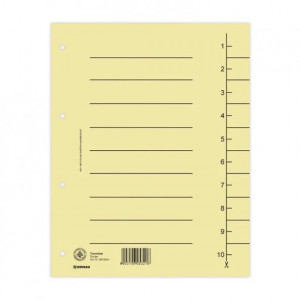 Separator carton manila DONAU 300 x 240 mm 250g/mp set 100 buc, cu index 1-10 și 4 perforații, ideal pentru organizare documente.