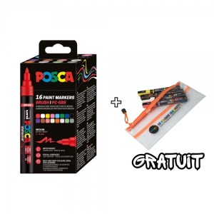 Set 16 culori markere UNI Posca PC-5BR, vârf pensulă, 1-4mm