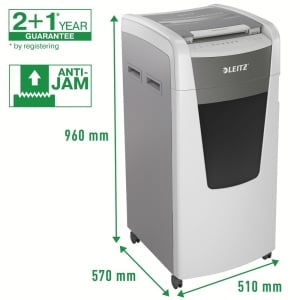 Distrugator de documente automat LEITZ IQ Office, P4, cross-cut (confeti), 600 coli, cos 110l, alb-gri10