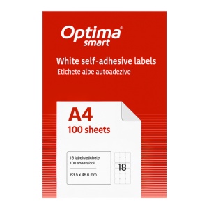 Etichete albe autoadezive Optima Smart, 18/A4, 63.5 x 46.6 mm, colțuri rotunjite, 100 coli/top