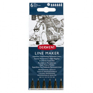 Liner Derwent Professional, 6 dimensiuni, vârf subțire și uscare rapidă, 6 buc/set, negru