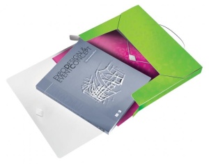 Mapa plastic cu burduf LEITZ WOW A4 30mm, cu elastic și etichetă pe cotor, capacitate 250 coli – ideală pentru organizarea documentelor.