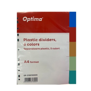Separatoare plastic color Optima, A4, 120 microni, 5 culori/set