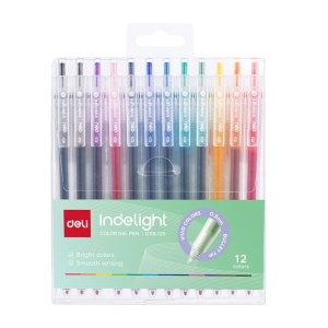 Set 12 pixuri cu gel Deli Indelight, cu mecanism, 0.5 mm, diverse culori2