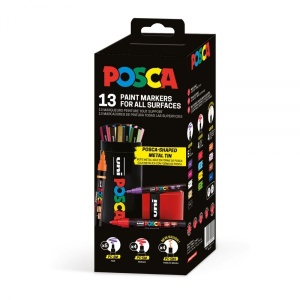 Set 13x Marker UNI Posca, cutie metalică formă marker (PC-3M, PC-5M, PC-5MR)5