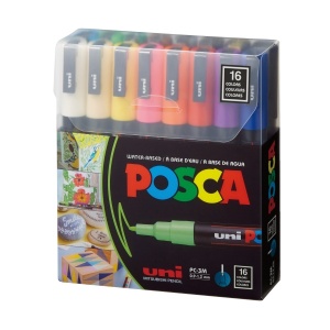 Set 16 culori markere UNI Posca PC-3M, vârf rotund, 0.9-1.3mm2