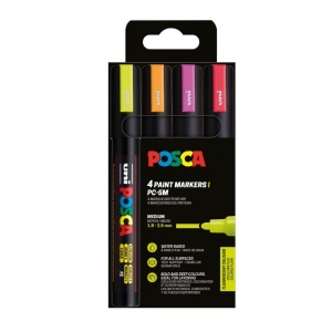 Set 4 culori fluorescente markere UNI Posca PC-5M, vârf rotund, 1.8-2.5mm, (orange, roz, roșu, galben)