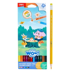 Set creioane colorate plastic cu gumă Deli, 12 culori