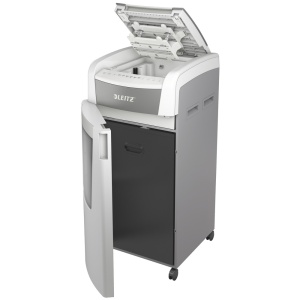 Distrugator de documente automat LEITZ IQ Office, P4, cross-cut (confeti), 600 coli, cos 110l, alb-gri11