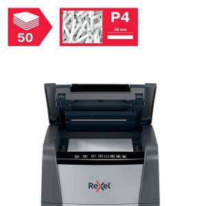 Distrugător documente automat Rexel Optimum 50X, P4, cross-cut (confeti), 50 coli, coș 20l, negru-g8