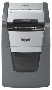 Distrugător documente automat Rexel Optimum 90X, P4, cross-cut (confeti), 90 coli, coș 34l, negru-g