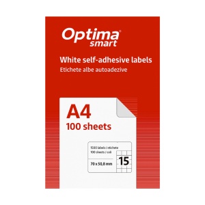 Etichete albe autoadezive Optima Smart, 15/A4, 70 x 50,8 mm, 100 coli/top