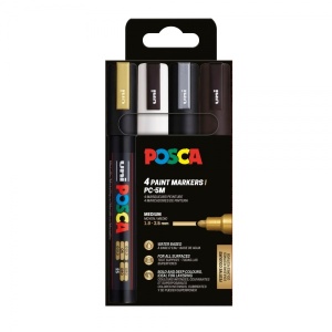 Set 4 culori arker UNI Posca PC-5M, vârf rotund, 1.8-2.5mm, (negru, argintiu, auriu, alb)