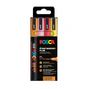 Set 4 culori calde markere UNI Posca PC-3ML, vârf rotund, 0.9-1.3mm, cu sclipici