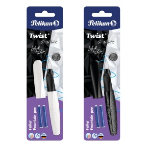 Stilou Pelikan Twist Structure, penița M, grip ergonomic, ambidextru, 2 rezerve albastre incluse, 2 culori alb/negru, blister2
