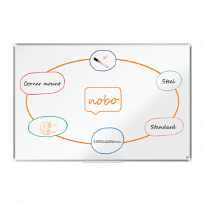 Tablă albă magnetică NOBO Premium Plus, oțel lăcuit, 150x100 cm, include marker și tăviță