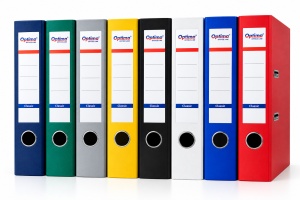 Biblioraft plastifiat A4 Optima Classic, Plastic/Hârtie, margine metalică, lățime 7,5 cm