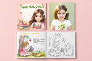 Carte personalizată cu poza și numele fetiței – Prima zi de școală | Poveste și colorat, 20 × 20 cm