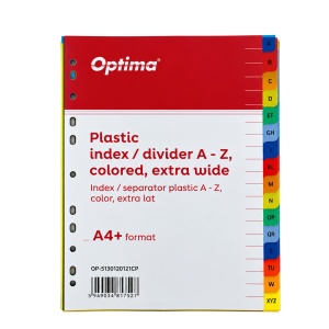 Index plastic color Optima, A4+, extra wide, 120 microni, alfabetic A-Z