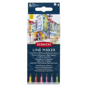 Liner Derwent Professional, 0.3 mm, vârf subțire și uscare rapidă, 6 buc/set, diverse culori