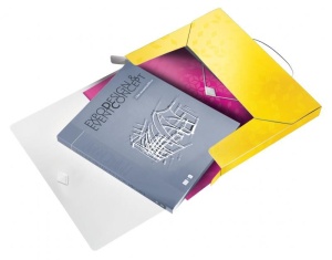 Mapa plastic cu burduf LEITZ WOW A4 30mm, cu elastic și etichetă pe cotor, capacitate 250 coli – ideală pentru organizarea documentelor.
