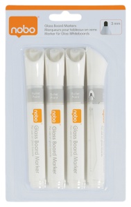 Marker pentru table și flipcharturi din sticlă, vârf rotund 3 mm, standard, 4 buc/cutie, alb, NOBO6