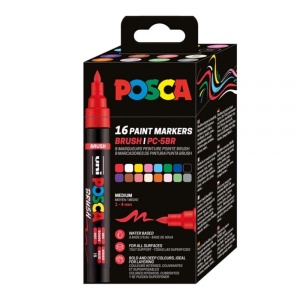 Set 16 culori markere UNI Posca PC-5BR, vârf pensulă, 1-4mm2