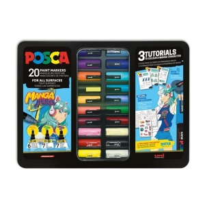 Set 20x Marker UNI Posca Manga Hero, cutie metalică (6x PC-1M, 7x PC-3M, 7x PC-5M)2