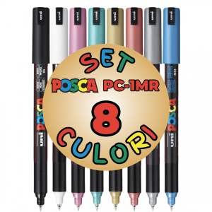 Set 8 culori metalizate markere UNI Posca PC-1MR, vârf fin metalic, 0.7mm