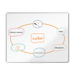 Tablă albă magnetică NOBO Premium Plus, oțel lăcuit, 150x120 cm, include marker și tăviță