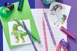 Ascuțitoare plastic dublă cu container Faber-Castell Dinozauri2