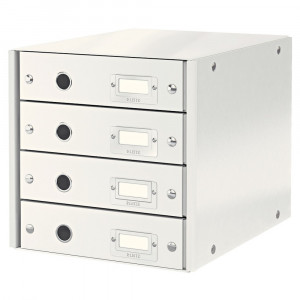Cabinet 4 sertare carton laminat Leitz WOW Click & Store A4, finisaj glossy, cu orificii de prindere metalice.