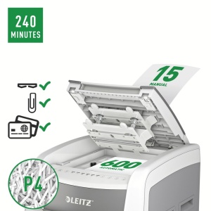 Distrugator de documente automat LEITZ IQ Office, P4, cross-cut (confeti), 600 coli, cos 110l, alb-gri3