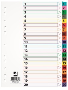 Index carton alb Q-Connect Mylar numeric 1-20, margine PP color, A4, 170g/mp