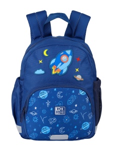 Rucsac grădiniță Oxford Space, 1 compartiment, 23 x 31 x 12 cm, compatibil format A4, buzunar frontal cu fermoar, buzunare laterale cu elastic, bareta torace reglabilă, mâner, etichetă nume, cutie snack izotermă, poliester reciclat, culoare albastru