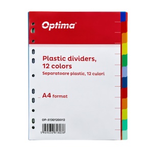 Separatoare plastic color Optima, A4, 120 microni, 12 culori/set
