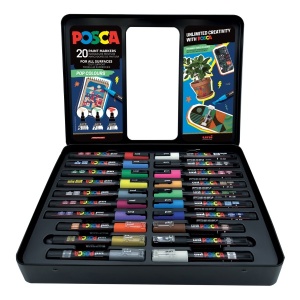 Set 20x Marker UNI Posca POP Colours, cutie metalică (6x PC-1M, 7x PC-3M, 7x PC-5M)
