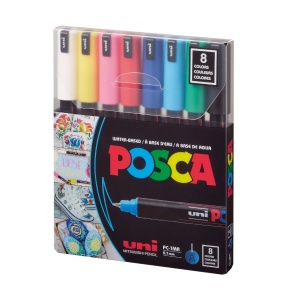 Set 8 culori markere UNI Posca PC-1MR, vârf fin metalic, 0.7mm2