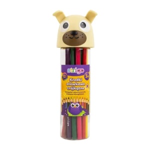 Set creioane colorate triunghiulare Strigo, 12 culori, lemn de tei, mină 3mm, cutie Cățeluși
