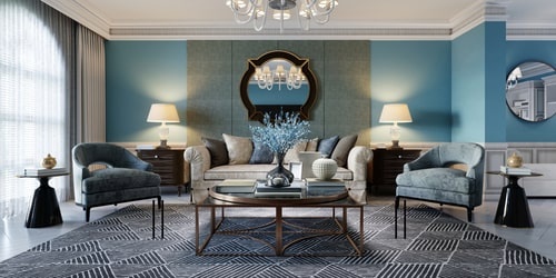 1. Stil clasic - ce reprezintă stilul clasic în amenajările interioare- living clasic cu nuante de albastru-min Stilul clasic - caracteristicile sale în designul interior. Cum poți amenaja un spațiu în stilul clasic?, 3,