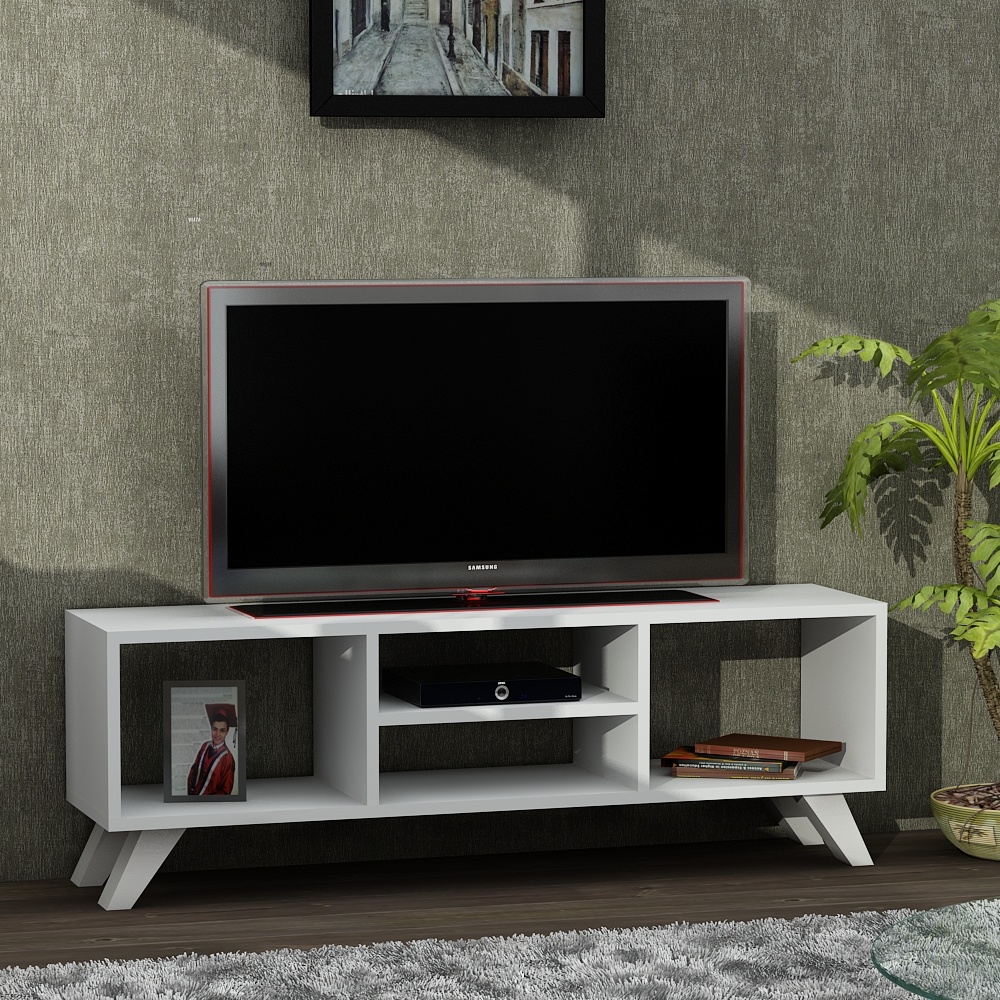 , 3, Comoda TV Living UnicUtil cu Rafturi pe 3 niveluri, 125 x 29.5 x 41, Alb