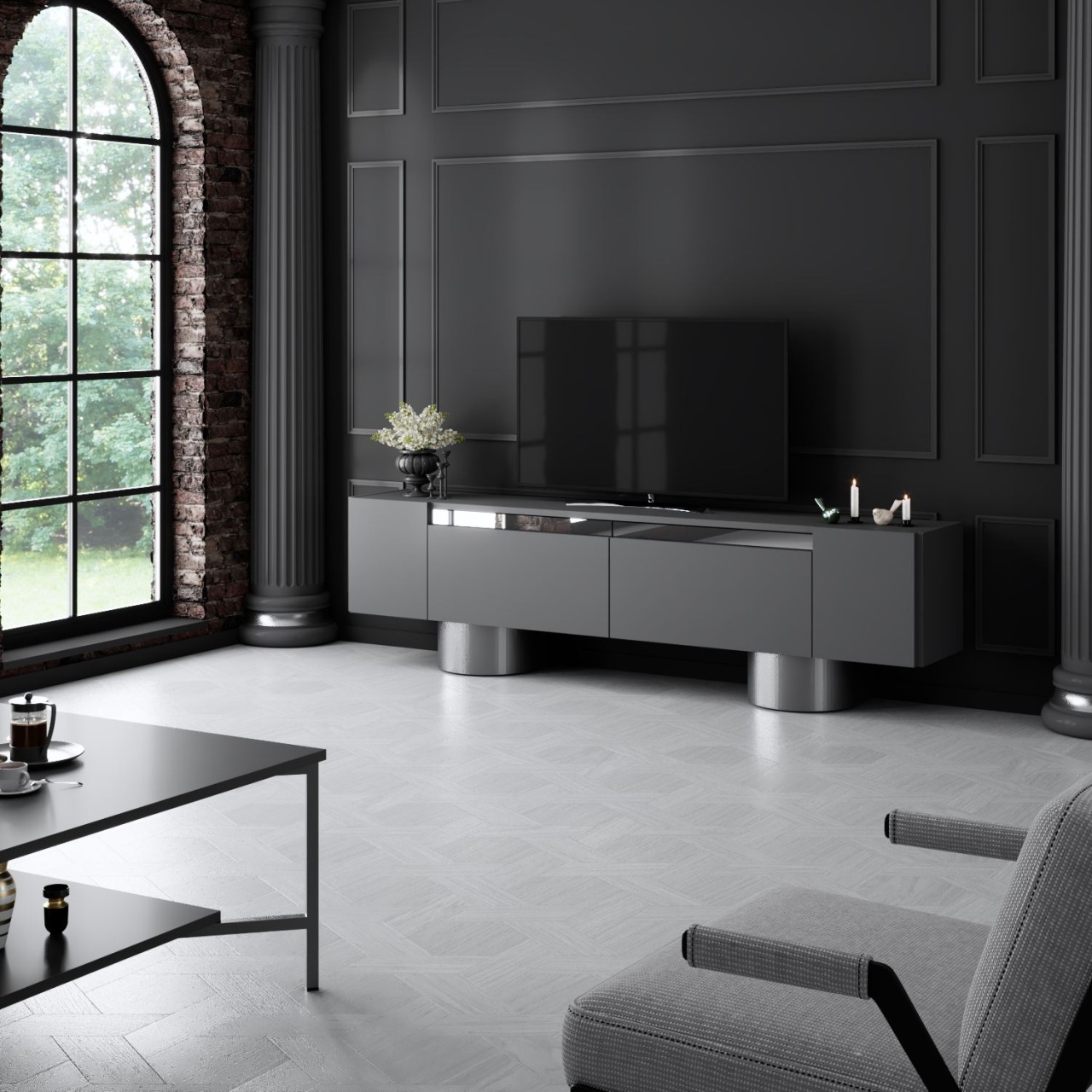 Comoda TV, Bohem Anthracite, UnicUtil, Antracit-Argint, Lățime: 180 cm, Înălțime: 50 cm, Adâncime: 30 cm - imagine 5