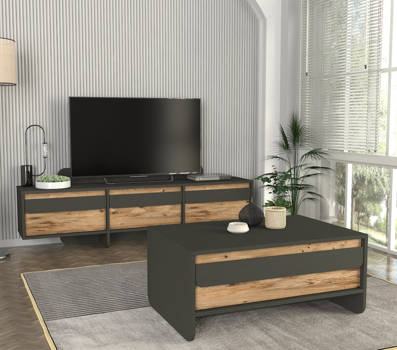 Comodă Tv Contemporary Line, 180 x 35 x 49, Antracit-Natur, UnicUtil - imagine 4