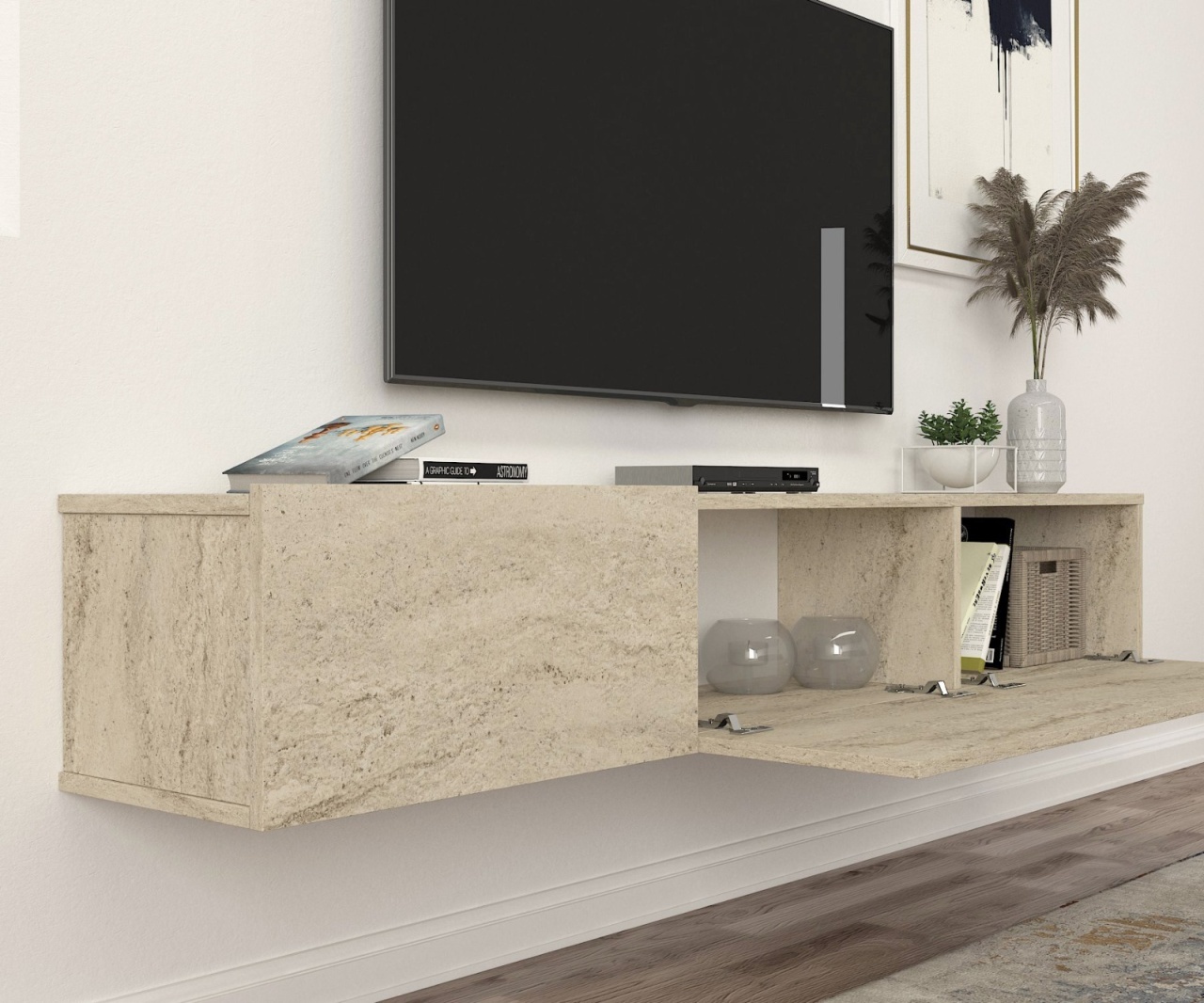 Comodă TV Damla, UNICUTIL, finisaj travertin și iluminare LED, pentru living modern - imagine 7