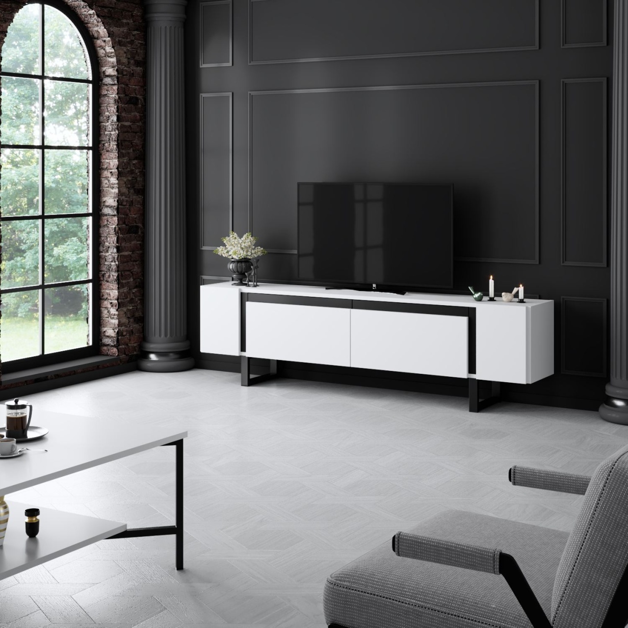 Comoda TV, Yildiz White, UnicUtil, Alb-Negru, Lățime: 180 cm, Înălțime: 50 cm, Adâncime: 30 cm - imagine 5