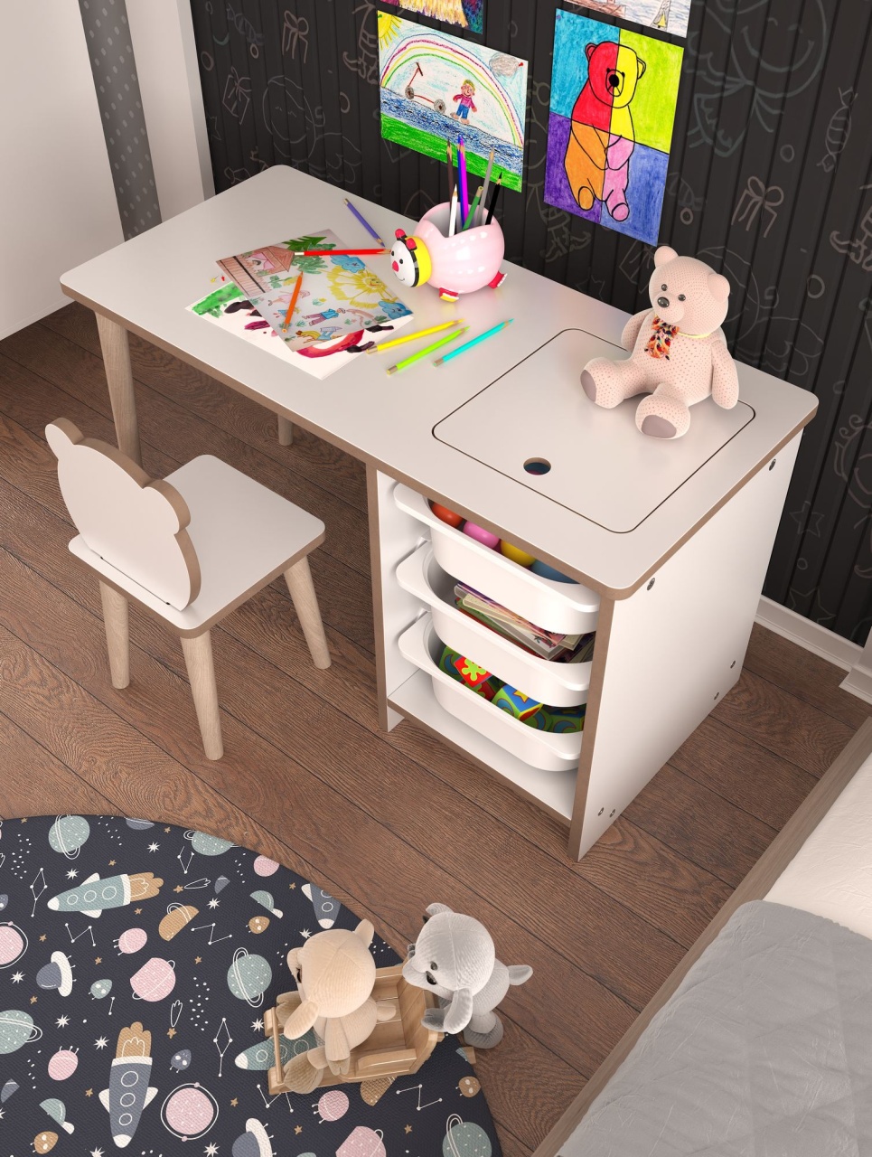 Set de masă pentru copii, Soho White, UnicUtil, Alb, Lățime: 90 cm, Înălțime: 50 cm, Adâncime: 42 cm - view 3