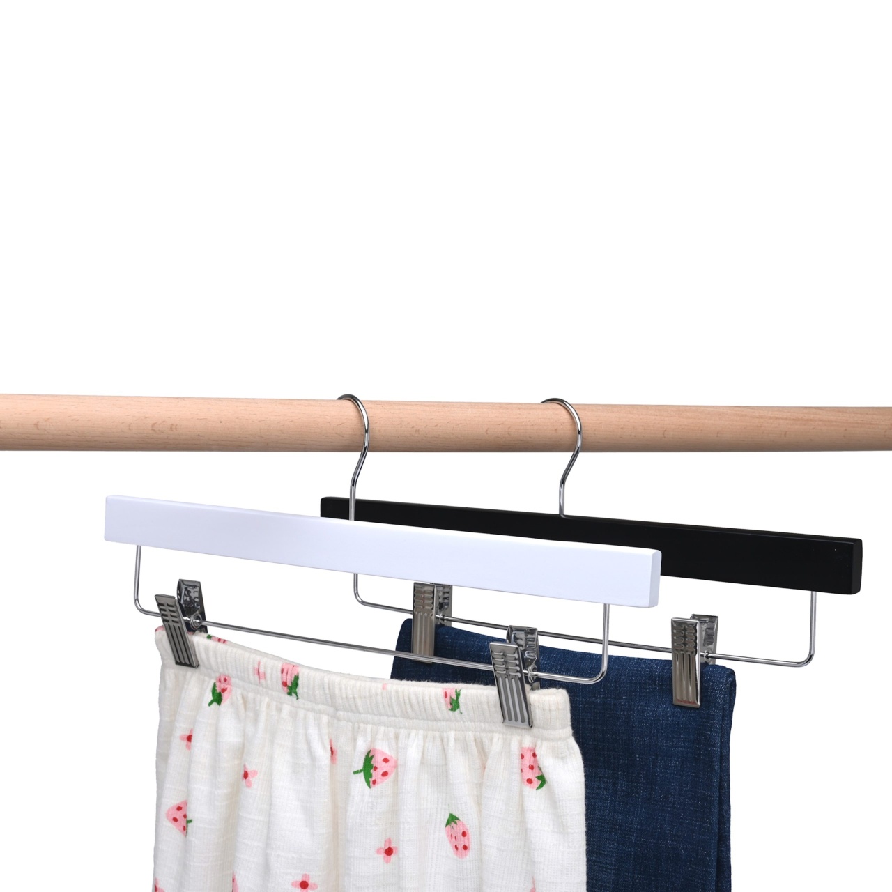 Umeraș din lemn cu clipsuri pentru pantaloni si fuste, Alb, 1 bucata - imagine 6